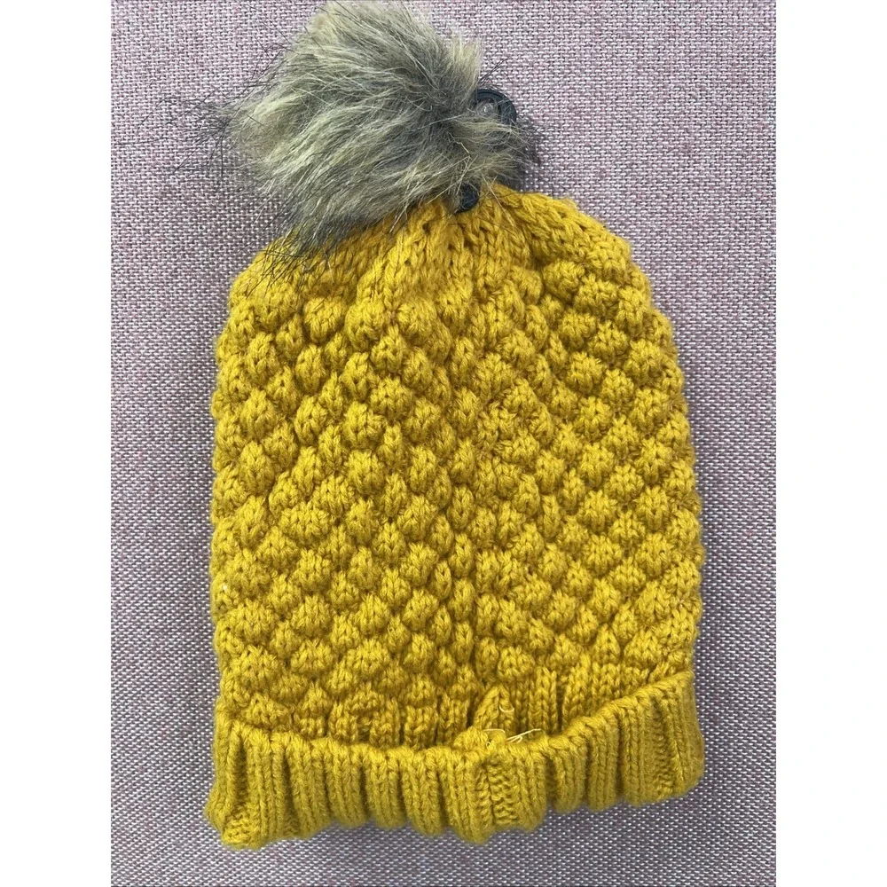 New Ladies Winter Hat Beanie Textured‎ Knit With Faux Fur Pom Mustard Yellow